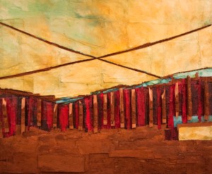 The Frontier, 2013. Oil, soil, wood, wire on canvas. 140 x180 cm.