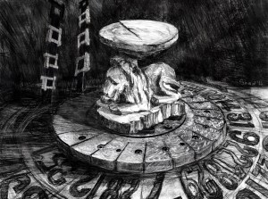 The Broken Stool, 2016. Digital Drawing, 3094x4036px; printed on matte wallpaper.